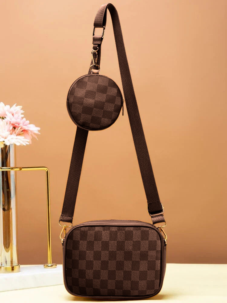 Crossbody Checkered Coin - Brown