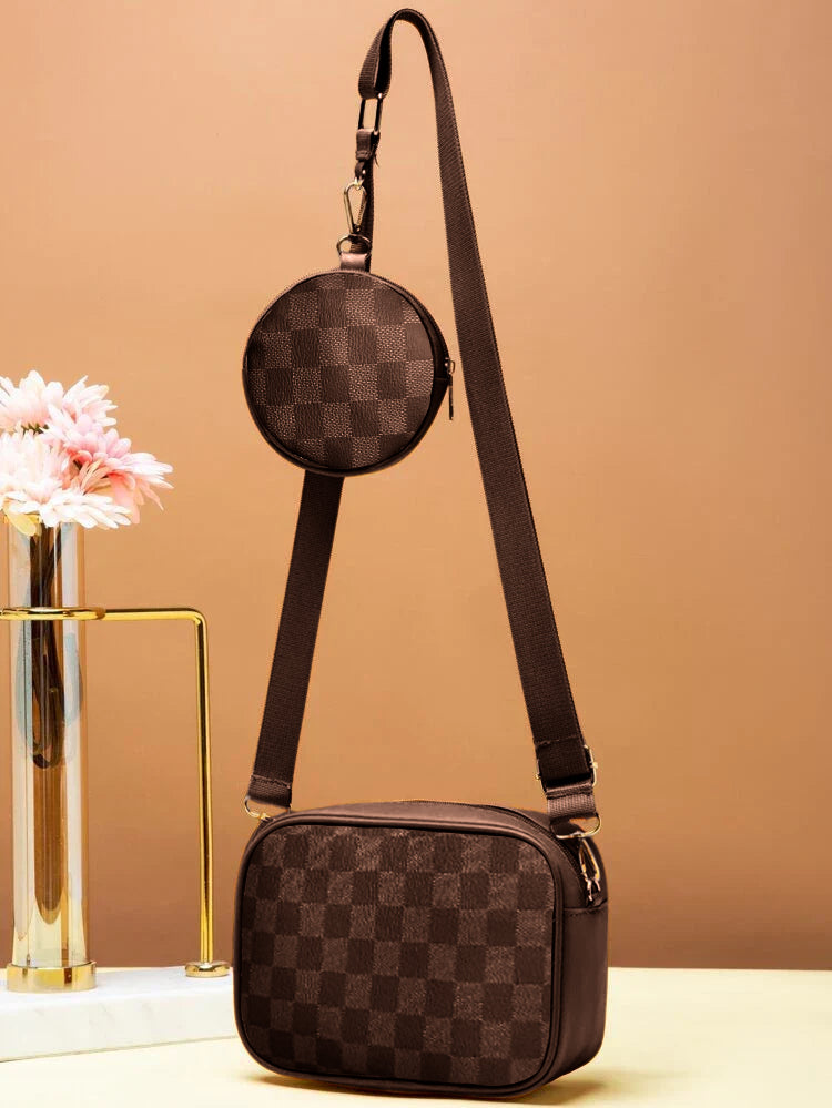 Crossbody Checkered Coin - Brown